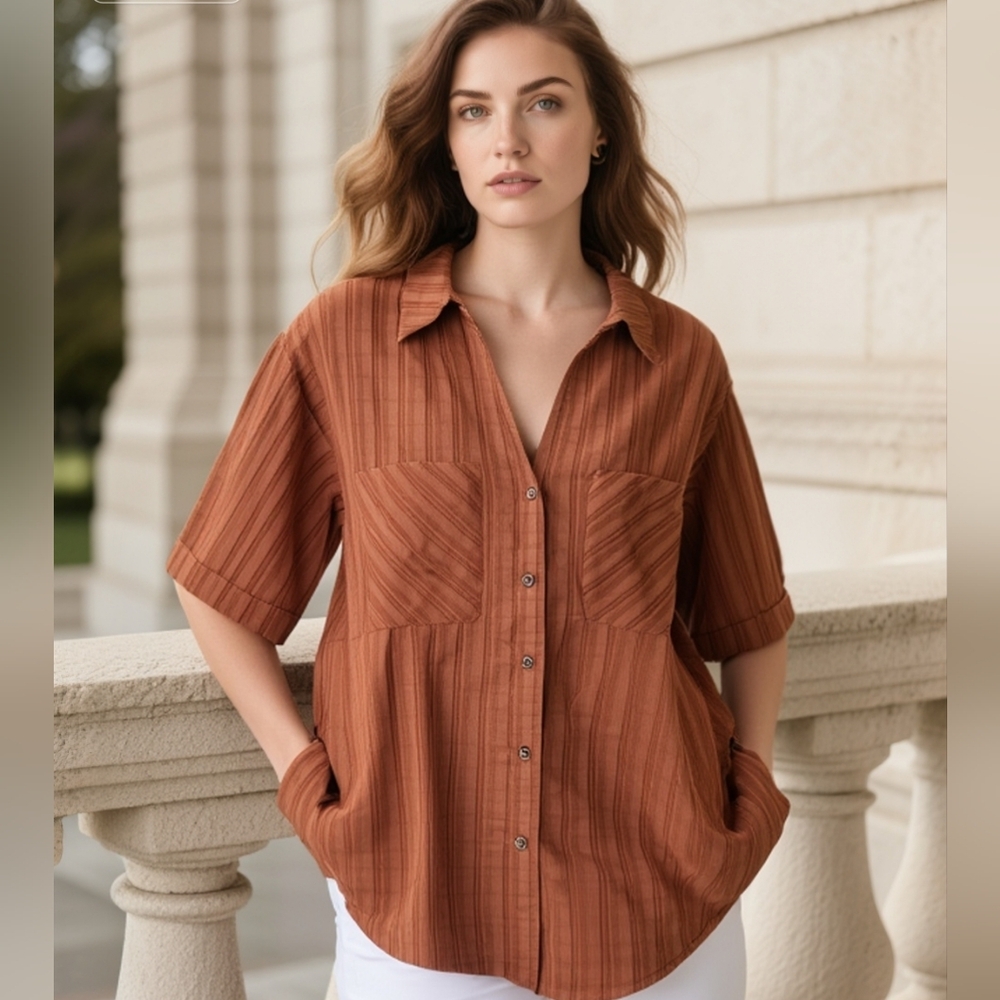 Moussy Burnt Orange Cotton Gauze Flowly Women's Button Up Blouse
